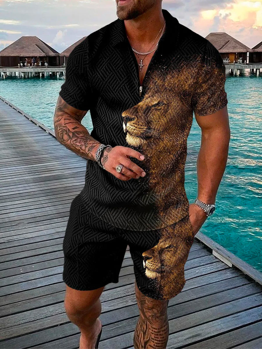 Men's Summer Printed Zipper Casual Lapel Short Sleeve Set 3D Retro Polo Shirt Street T-shirt Shorts Sports Cool Two Piece Set