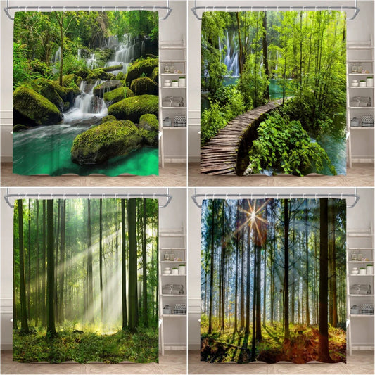 Tropical Rainforest Shower Curtain Forest Nature Scenery Waterfall River Bridge Sunshine Polyester Fabric Bathroom Decor Curtain