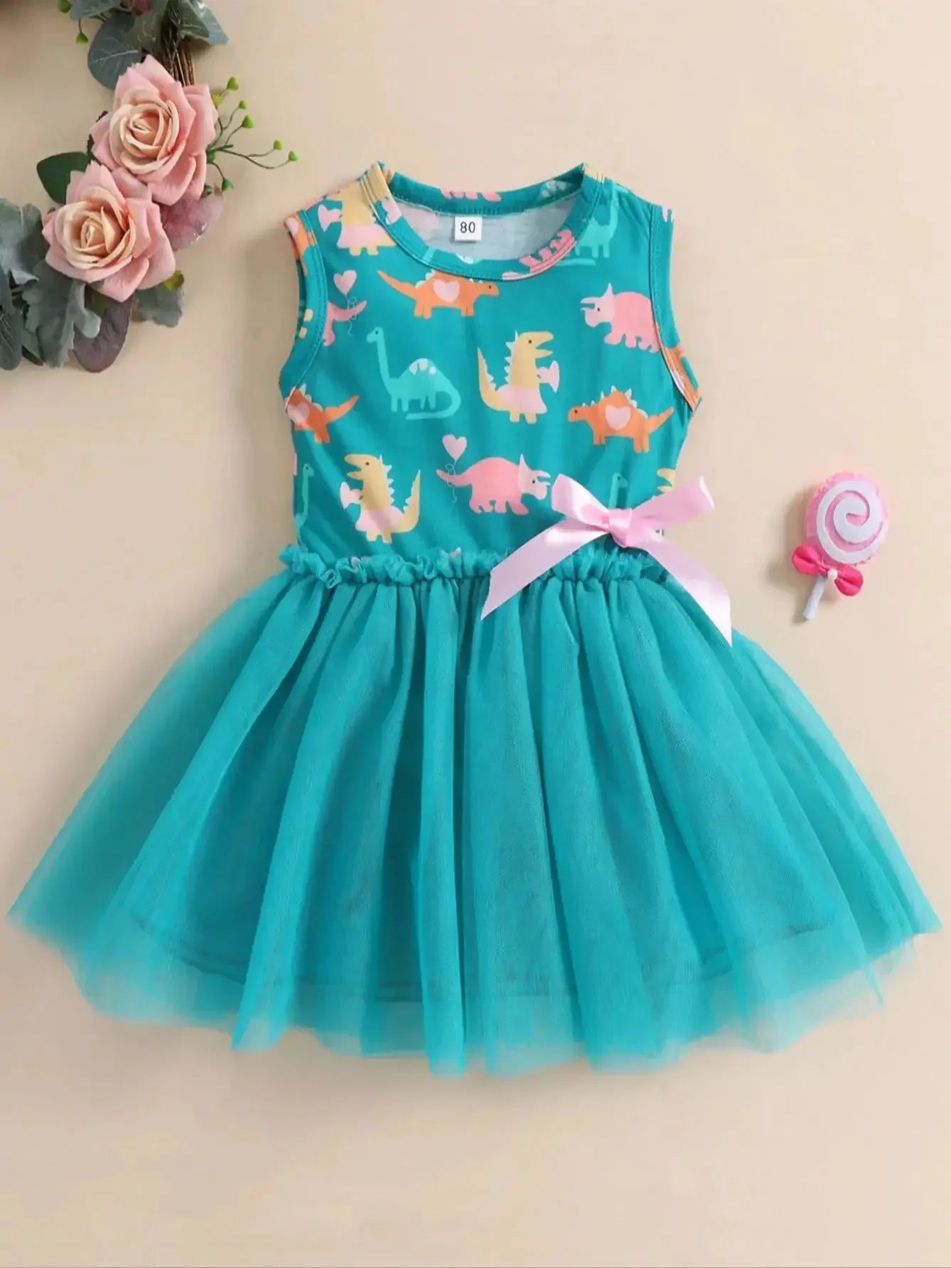 Summer 1-5 Years Little Girl Princess Dress Clothing Baby Girl Sleeveless Dinosaur Print Mesh Dress For Kids Girl Party