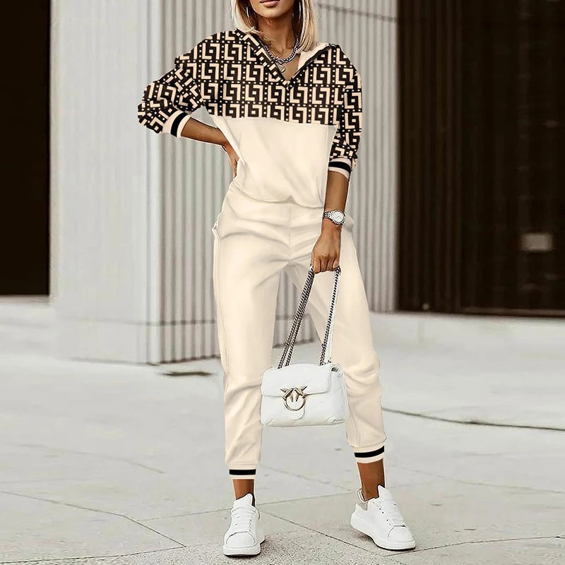 Spring Casual Sport Outfits Two Piece Set For Women Tracksuit 2022 Autumn Fashion Chain Print Long Sleeve Top + Pencil Pants Set