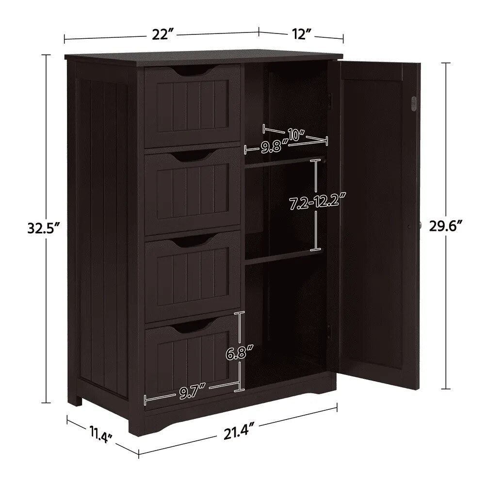 Wooden Bathroom Storage Cabinet with 4 Drawers & Cupboard, Espresso