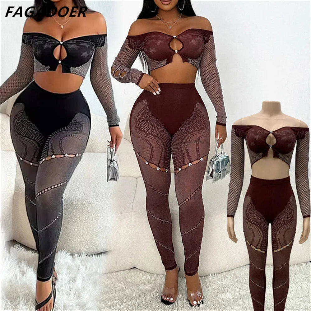 FAGADOER Thick Lace Sexy 2 Piece Set Outfit Women Off Shoulder Long Sleeves Crop Tops and Pants Clothing Female Elastic Clubwear