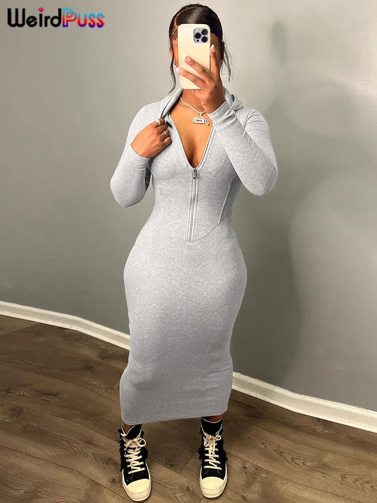 Weird Puss Hooded Dress Women Zip Skinny Elastic Casual Autumn Long Sleeve Maxi Bodycon Streetwear Solid Sporty Hipster Vestidos