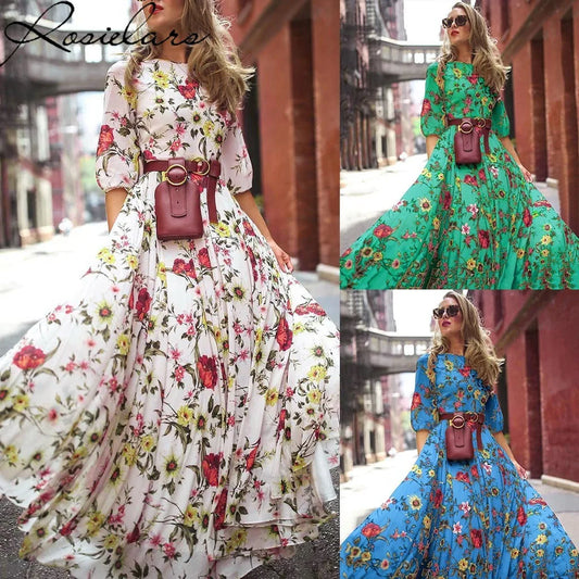 Summer A-line Chiffon Floral Print Slim High Waist Boho Bodycon Dress Sexy Long Dresses for Women Streetwear Plus Size 3XL