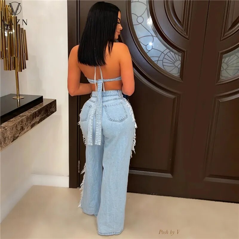 VAZN 2022 Autumn Denim Set Solid Young Sexy Club Bikini Top High-end + Long Hollow Out Wide Leg Pants Slim Women 2 Piece Set