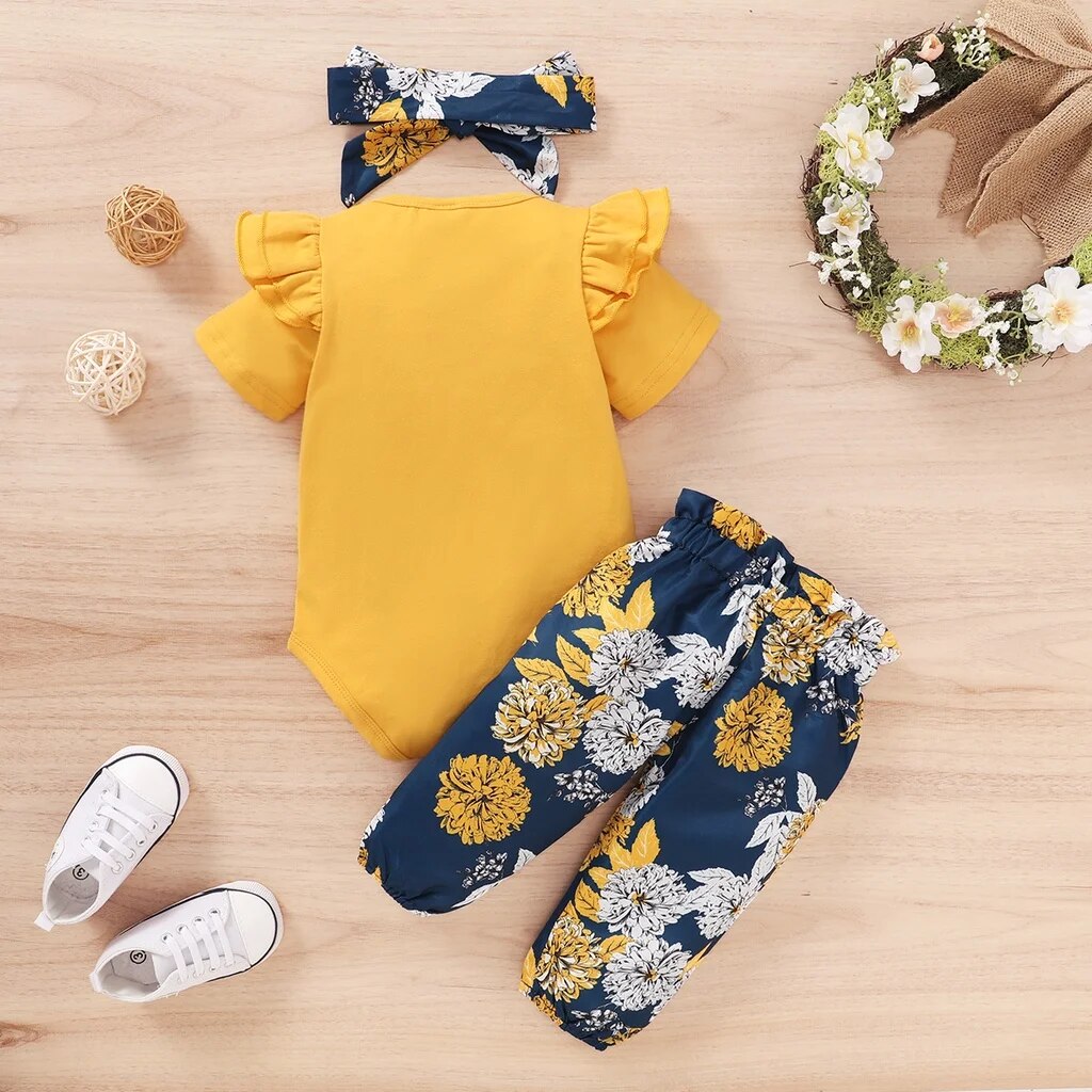 Newborn Baby Girls Clothing Set Infants Baby Girl Short Sleeve Bodysuit + Floral Pants with Bow + Headband 3PCS Outfit