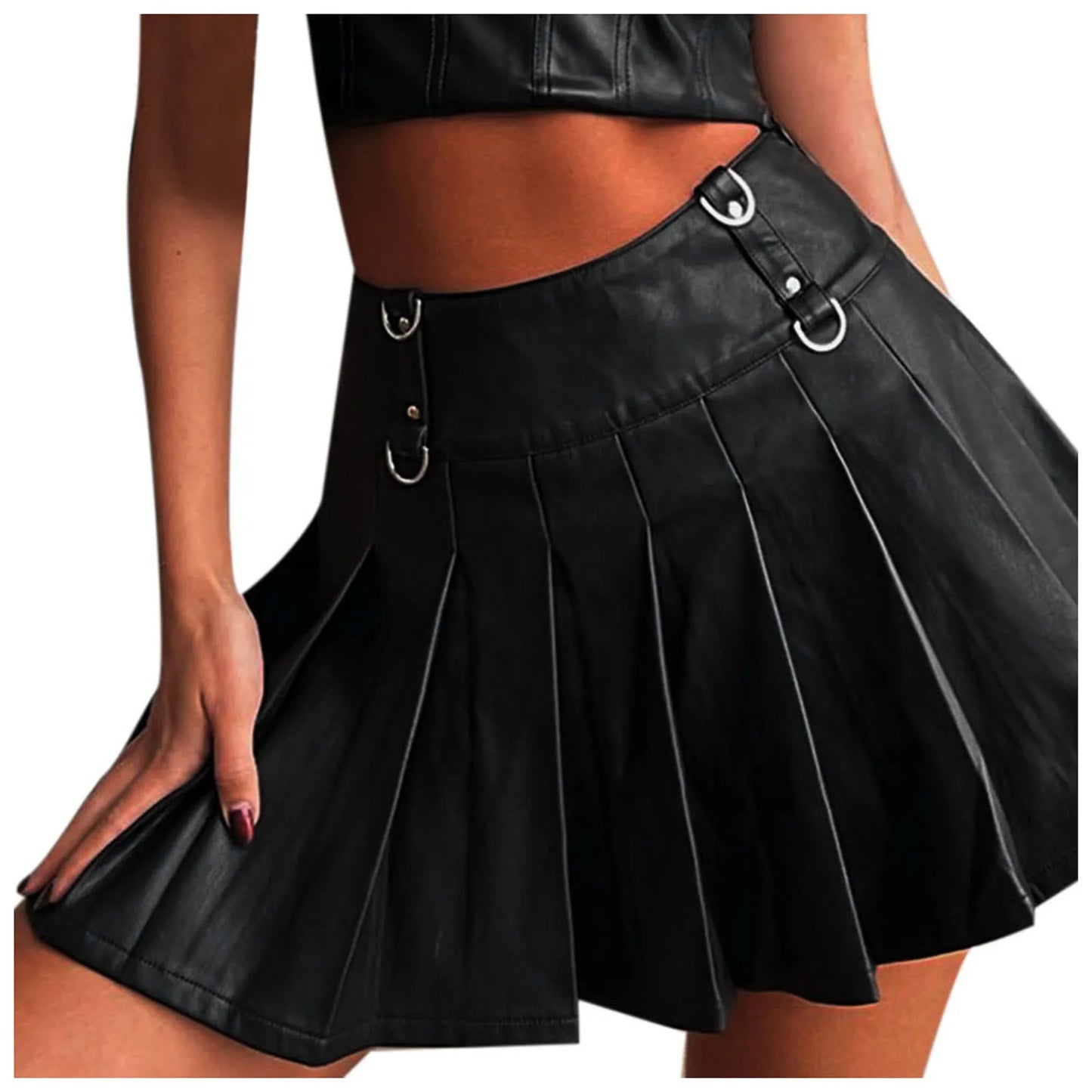 Women Faux Leather Skirts High Waist Elastic Mini Short Gothic Nightclub Pleated Skirt High Waist Belted Wrapped A Line Skirt