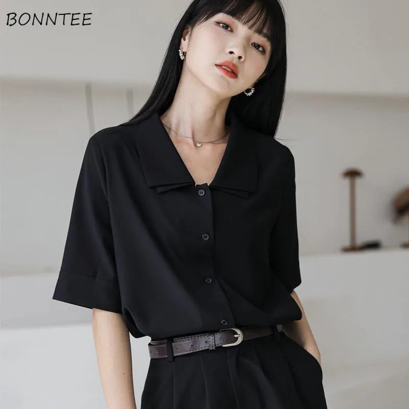 Summer Black Shirts Women Simple Vintage Turn-down Collar Baggy French Style Temper Classy Tops Leisure Short-sleeved College