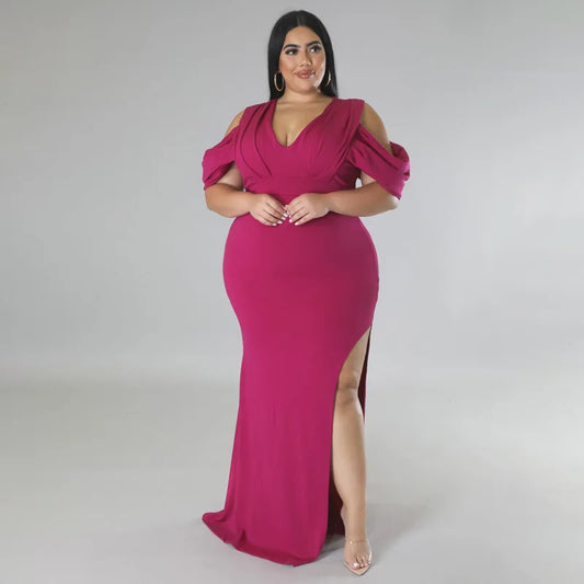 Plus Size Women Party Dress Split V Neck Evening Robe Female Luxury Designer Cloth 2023 Summer Evening Birthday Long Dress