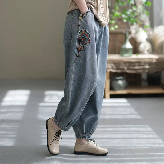 Loose Vintage Fashionable High Waist Solid Color Embroidery Handsome Women's Clothing 2023 Thin Spring Summer Pockets