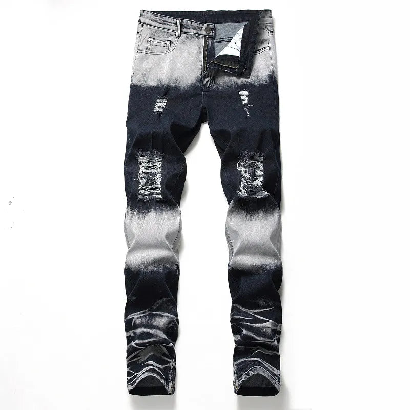 Men Ripped Jeans Fashion Motorcycle Denim Design Straight Pants Brand Casual Patches Men's Fashion Wear Hole Ruined Large Size