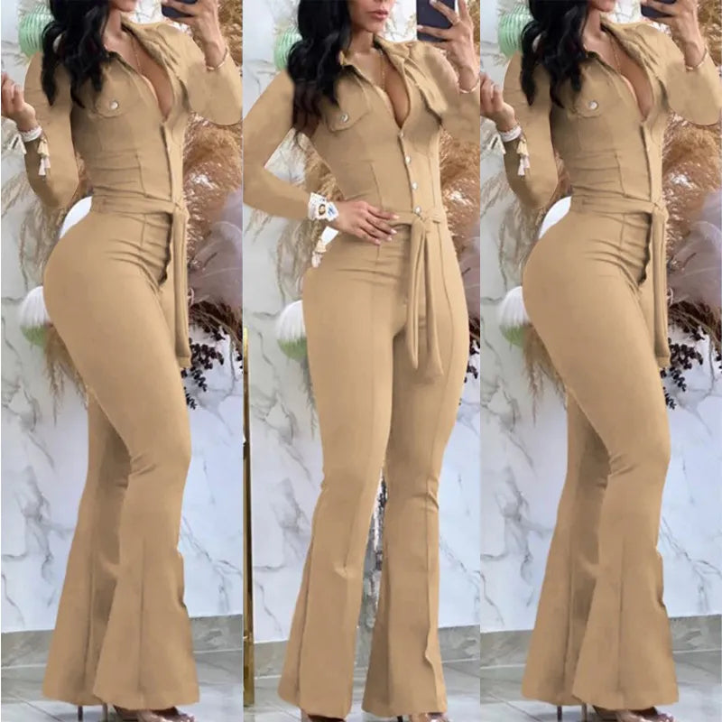 Women Turn Down Collar Sleeveless Flared Jumpsuit Spring Autumn Sleeveless Office Clothes Elegant Sexy Skinny Solid One Piece