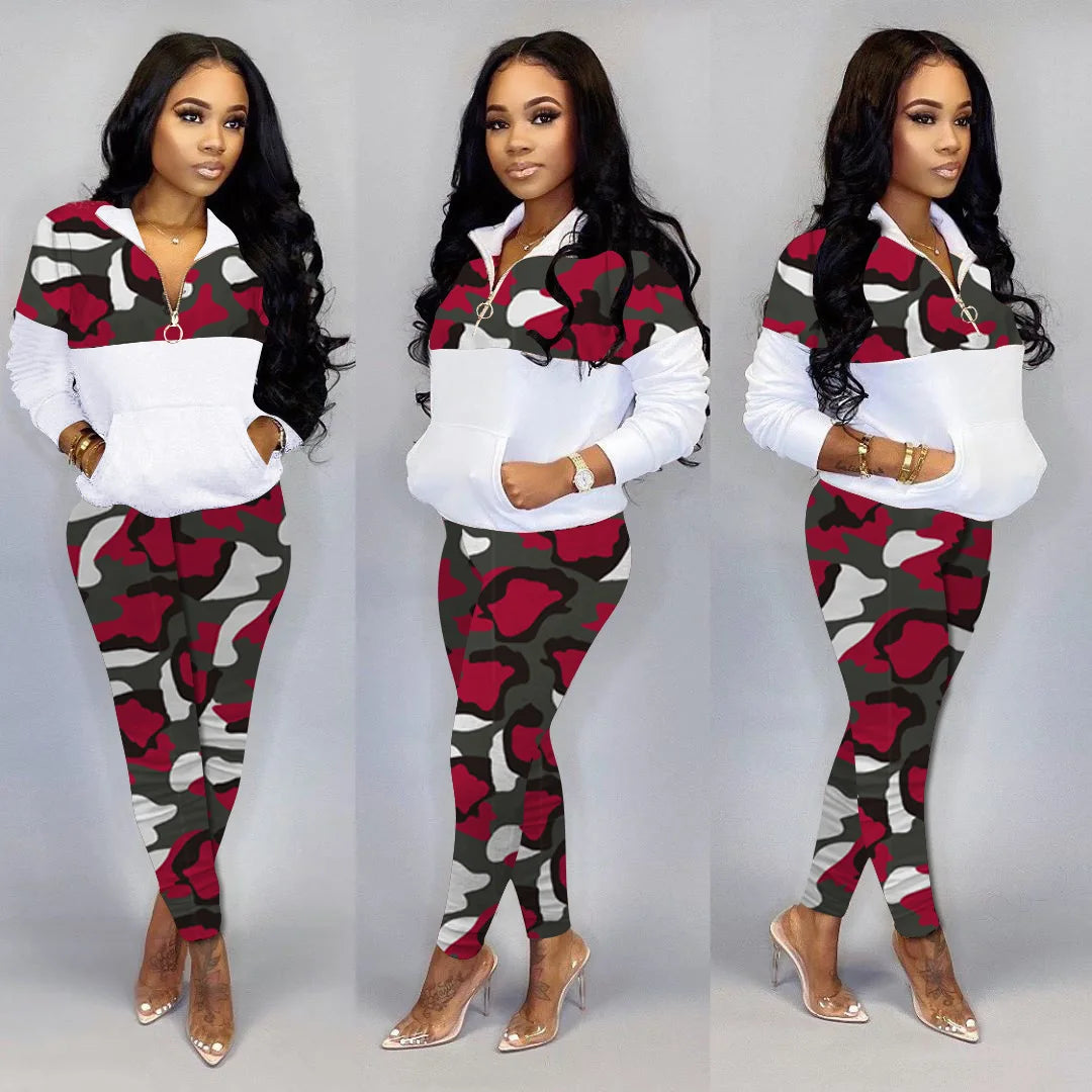 Two Piece Sets Womens Outifits Casual Camo Print Long Sleeve Top & Ladder Cutout Pants Set Sweatpants Sweatshirt Sets Autumn