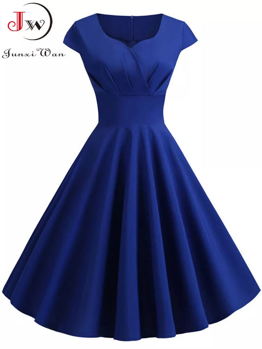 Summer Dress Women Hepburn Vintage Rockabilly Pin Up Dress Robe Femme Casual Retro Elegant Party Midi Sundress Jurken