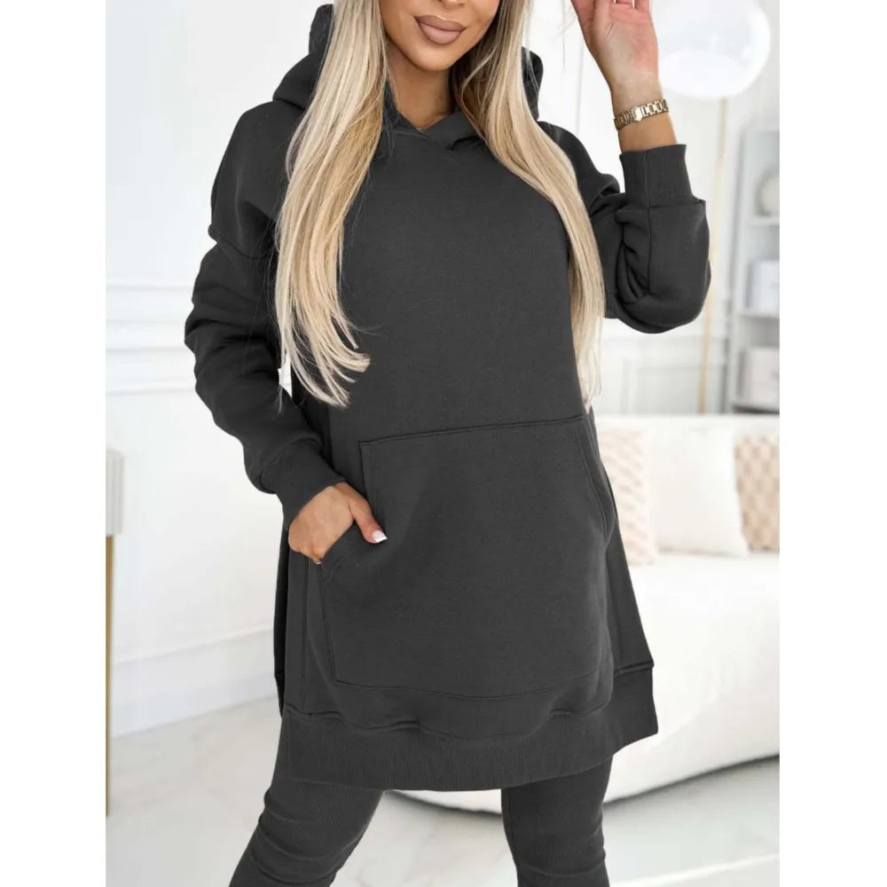 Autumn Winter New Casual Hoodie Women's Solid Color Suit Simple Fashion Pocket Thick Thread Casual Leggings Female 2 Piece Set