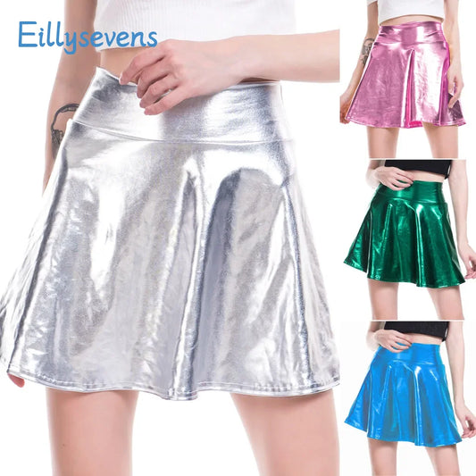 Women'S A-Line Mini Skirt Casual Fashion Shiny  Solid Color Pleated Skirts Trend Sexy Stage Performance Dance Skirts