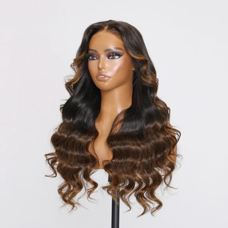 UNice Hair Loose Wave Bye Bye Knots Wig 7x5 Glueless Lace Ombre brown highlights Colored Wig Pre Bleached Knots Plucked Hairline