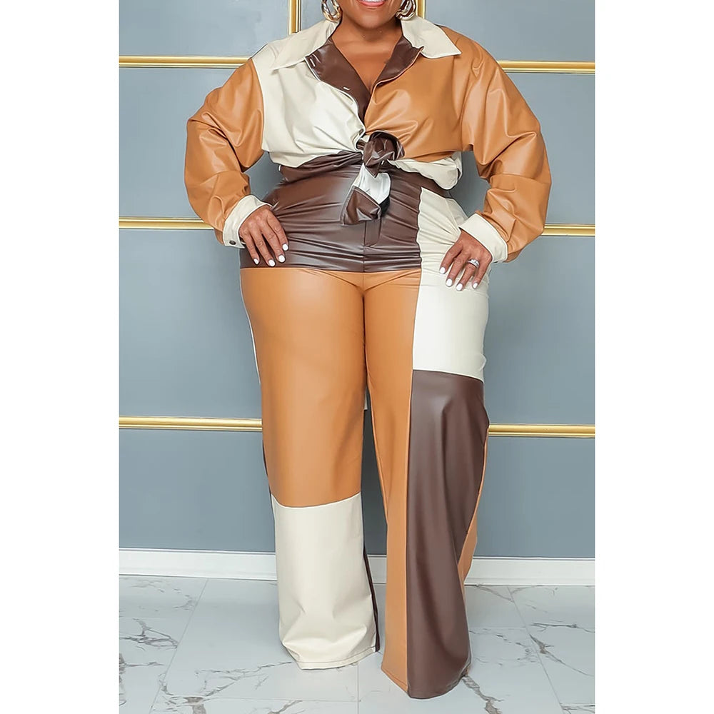 Plus Size Daily Pant Set Brown Patchwork PU Leather Two Piece Pant Set