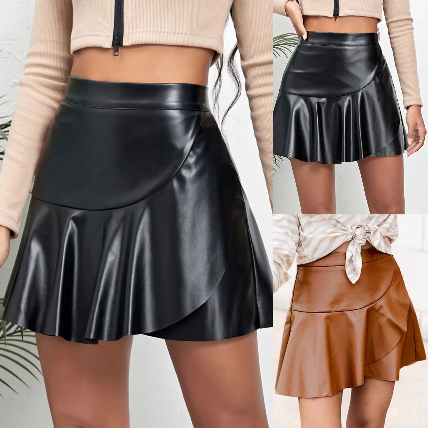 Women PU Leather Bodycon Short Skirt Asymmetrical Ruffled Hem Ruched Wrapped Hit Skirt Vintage High Waist Irregular A Line Skirt