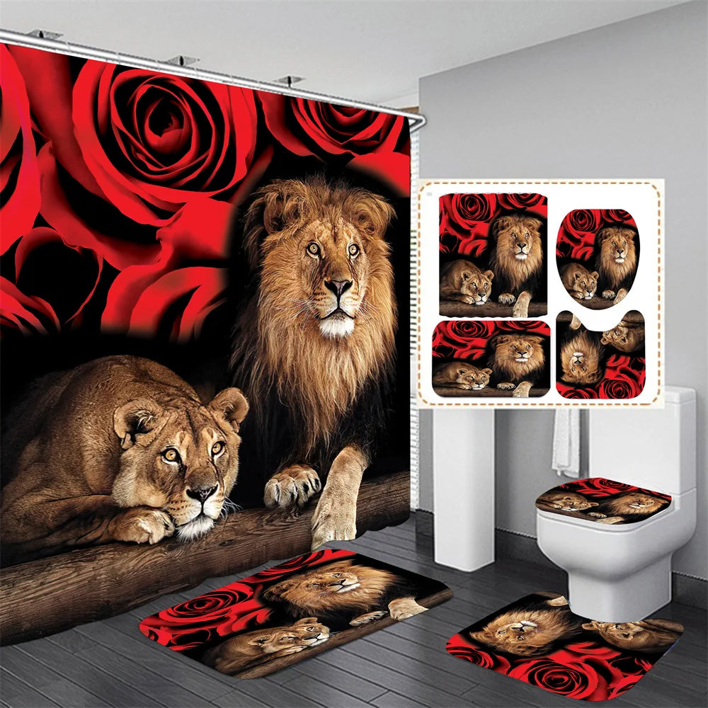 Red Rose and Lion Shower Curtain Set Non-Slip Rugs Toilet Lid Cover and Bath Mat Shower Curtain Durable Waterproof Bathroom Set