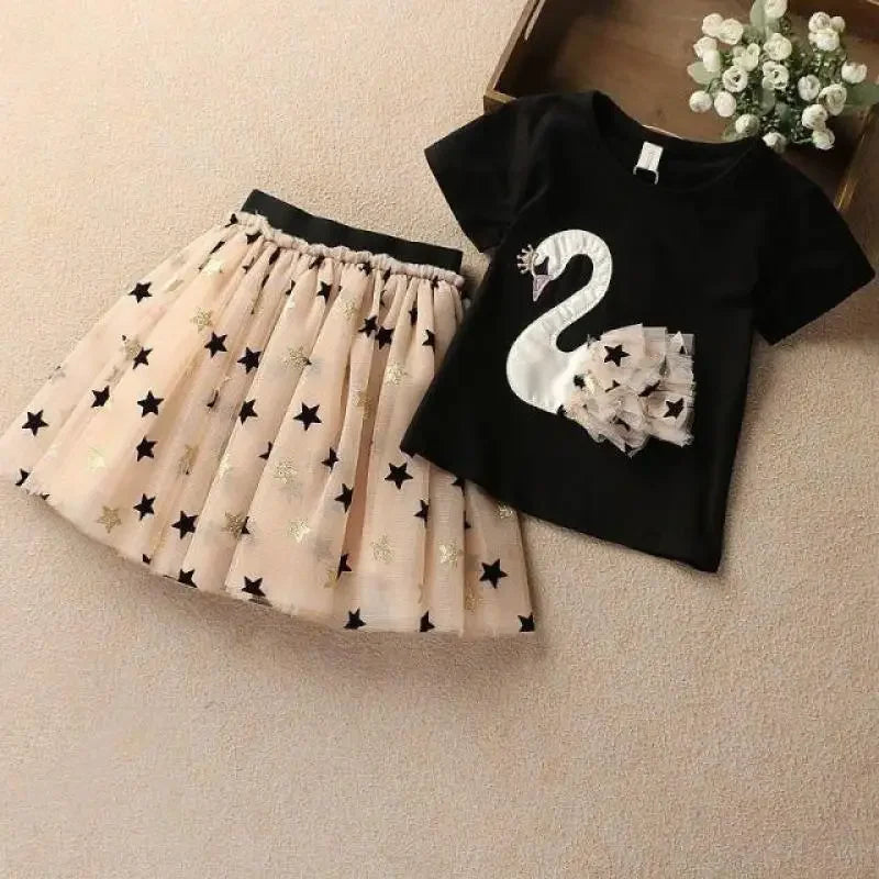 Summer Baby Girls Clothing Sets Cotton Cartoon Swan T-Shirt+Sequin Skirts 2Pcs Suit Children Fashion Princess Kids Dress Outfits