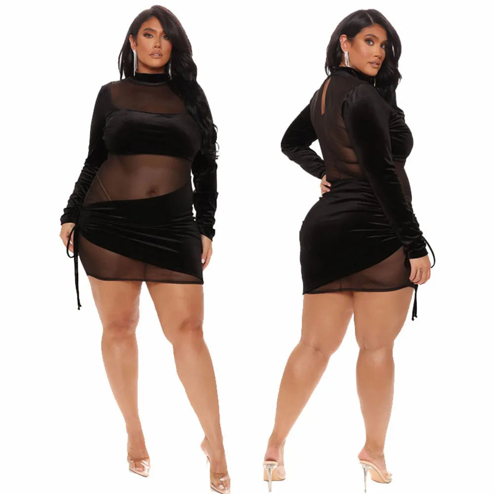 Wmstar Plus Size Dresses for Women Mesh Black Sexy Patchwork Long Sleeve Mini Dress Hot Sale Club outfits Wholesale Dropshipping