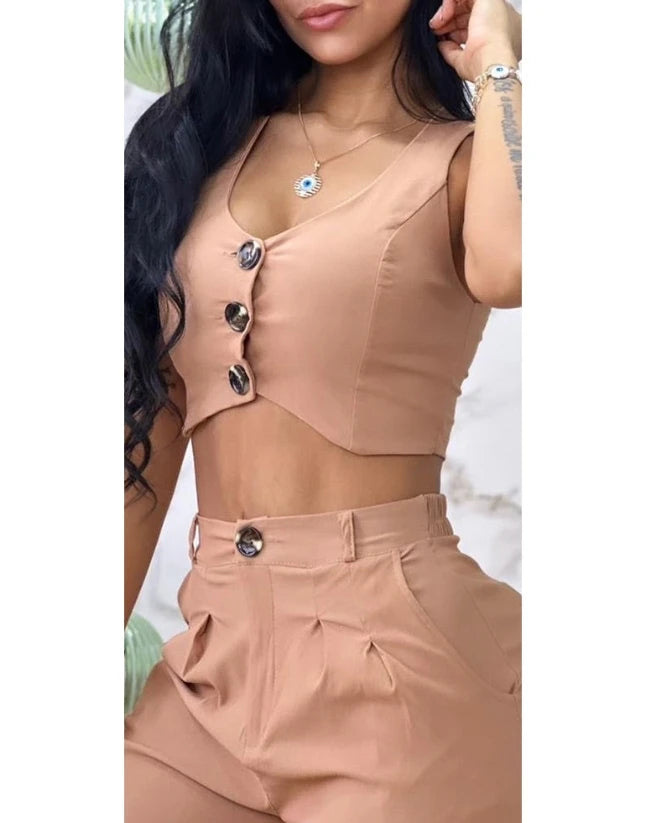 Sexy Womens Two Piece Sets Outfit Buttoned Vest Coat & Wide Leg Pants Set New Fashion 2023 Casual Elegant Female Suit