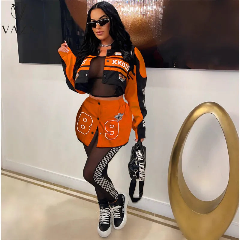 VAZN 2023 Autumn Latest Style Patchwork Sexy Young Baseball Set Full Sleeve High Waist + Mini Short Skirt Lady 2 Piece Sets