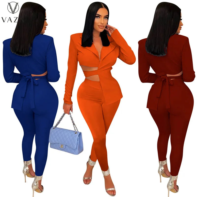 VAZN New 2022 Long Sleeve Lapel Top Elastic Long Pants Pure Color Lady Two Piece Set Fashion Casual Street Style Women Suit