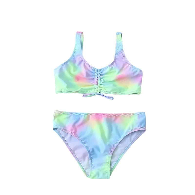 Tie Dye Girls Swimsuit Kids 7-14 Years Two Piece Children's Swimwear Ruched Front Bikini Set Teen Bathing Suit 2024 Beachwear