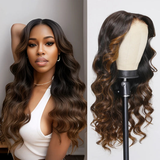 UNice Hair Loose Wave Bye Bye Knots Wig 7x5 Glueless Lace Ombre brown highlights Colored Wig Pre Bleached Knots Plucked Hairline