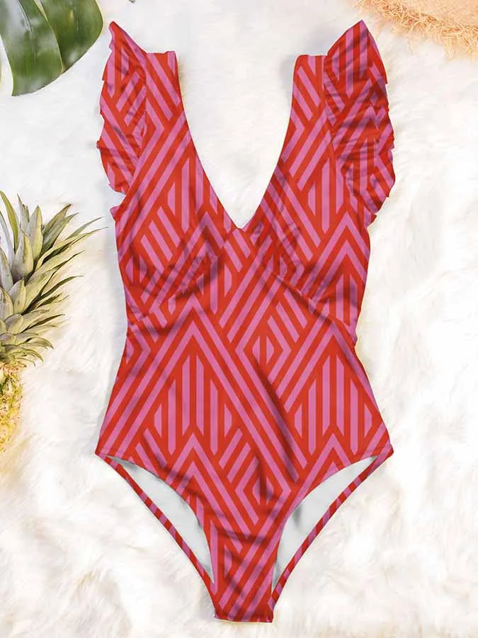 Deep V Open Back Ruffle Beach Outfits Printed 2023 Fashion Women Swimwear Summer Design Sense One Piece Swimsuit  Sexy / New