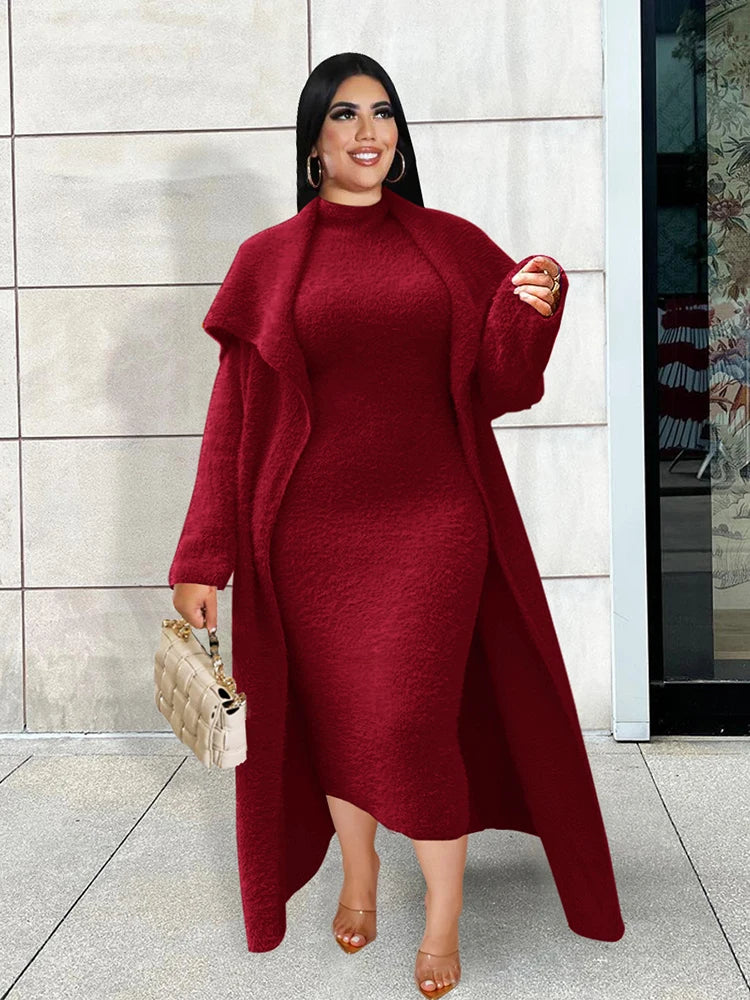 Plus Size Women Clothing Winter Outwear Long Sleeve Thick Overcoat with Dress Two Piece Ladies Large Matching Sets Fleece Suit