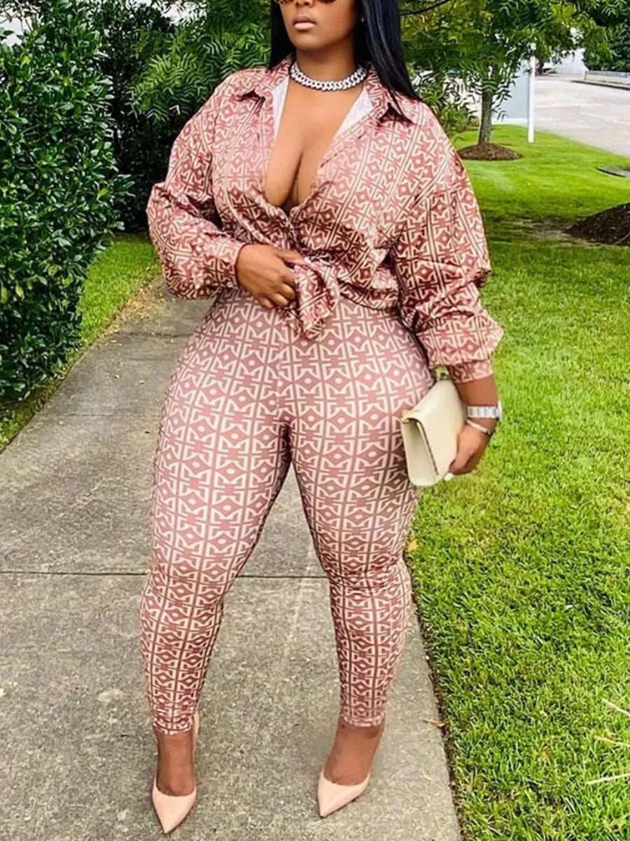 LW Plus Size Geometric Print Bandage Design Pants Set 2 PCS Long Sleeve+trousers set Women Autumn Suit