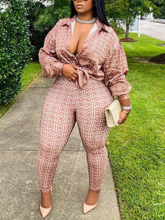 Plus Size Geometric Print Bandage Design Pants Set 2 PCS Long Sleeve+trousers set Women Autumn Suit