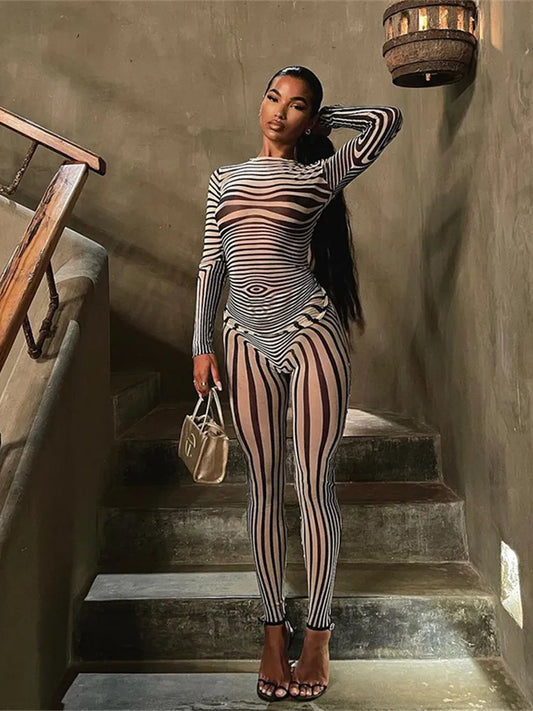 Kliou Mesh Striped Two Piece Set Women Sheath Body-Shaping High Street Sexy Hipster Long Sleeve O-Neck Female Streetwear Outfits 