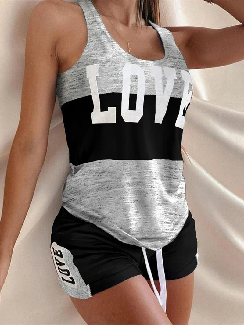 Two Piece Shorts Sets Women Tracksuit Summer Clothes Colorblock Letter Print Tank Top Shorts Suits Casual 2PCS Woman Set Outfits