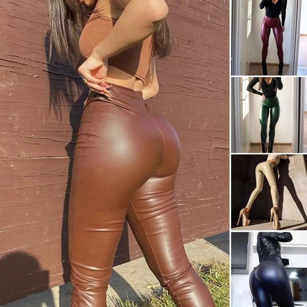 Spring Autumn Women Pants Solid Color High Waist Good Stretch Slim Fit Faux Leather Trousers Sexy Hip Lift Pencil Pants Streetwe