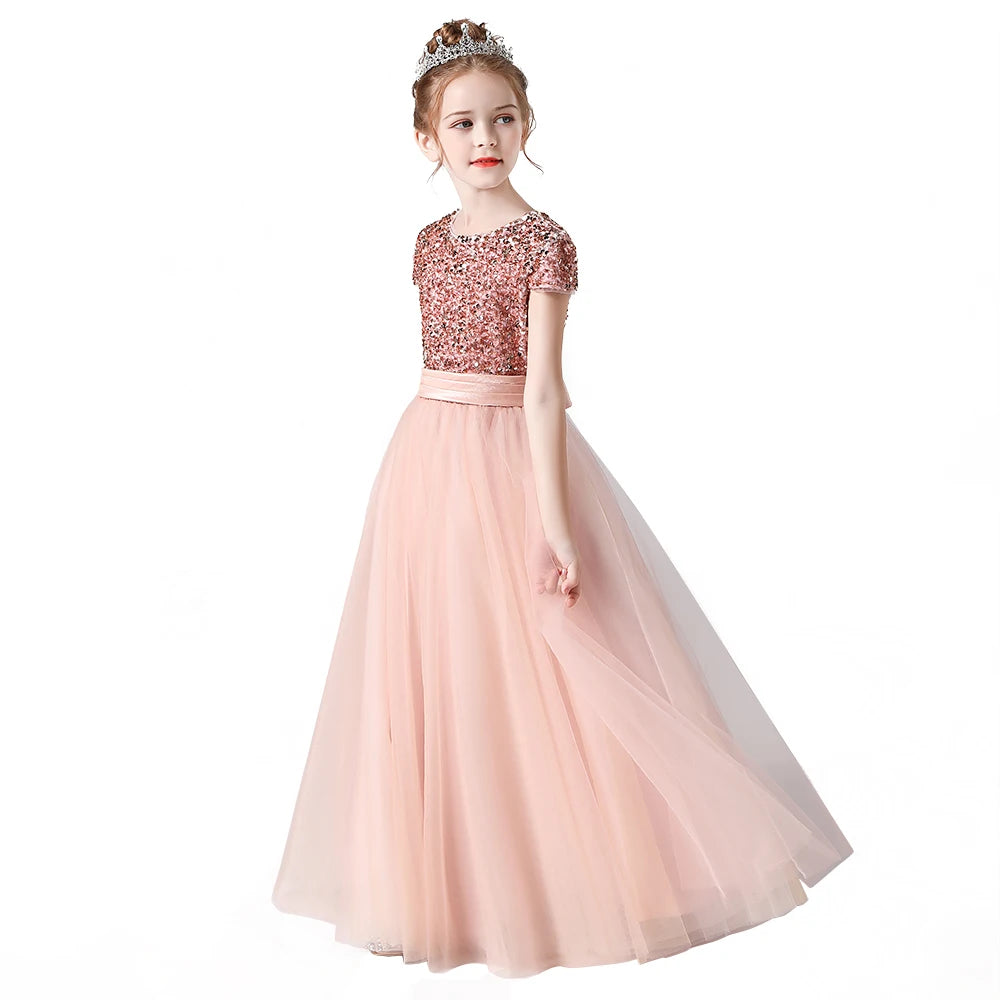 Dideyttawl Sparkly Sequins Short Sleeves Flower Girl Dresses Tulle Kids Birthday Party Pageant Prom Gown Junior Bridesmaid