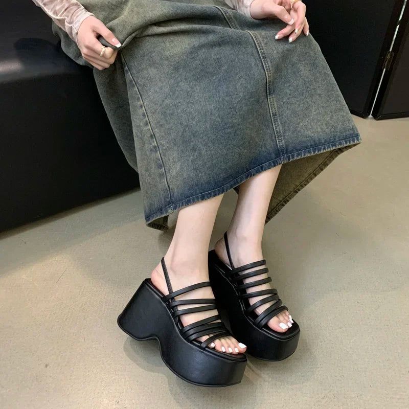 Silver Wedge Sandals Women Platform Shoes Black Belt High Heels Gladiator Chunky Heeled  Summer Wedges Zapatos De Mujer