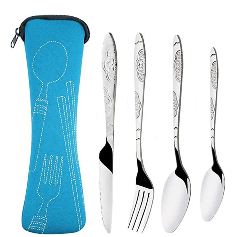 3Pcs/4Pcs/7Pcs Set Dinnerware Portable Printed Knifes Fork Spoon Stainless Steel Family Camping Steak Cutlery Tableware with Bag