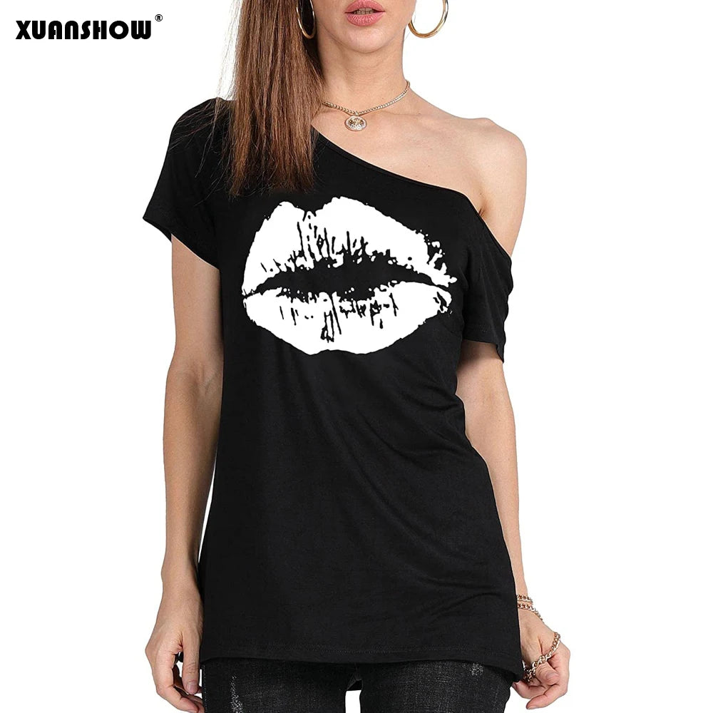 XUANSHOW 2024 Summer Sexy Women's Lips Print Causal Off The Shoulder Loose T-Shirt Tops