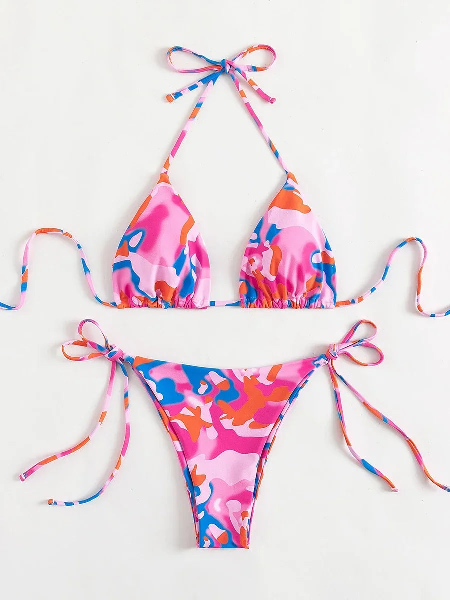 Tie Dye Micro Bikini 2024 Women Swimsuit Female Swimwear Thong Bathing Suits Sexy Bikinis Sets Lace Up Brazilian Halter Biquini