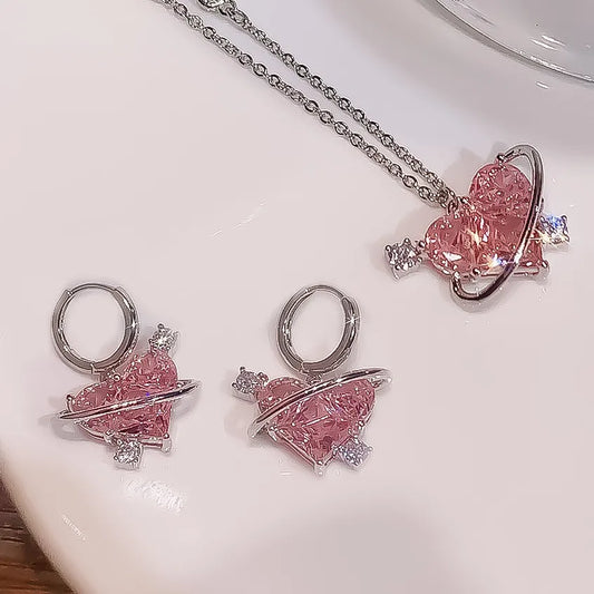 New Fashion Earrings Necklaces Set for Women Heart-shaped Zircon Pink Crystal Pendant Necklace Women's Jewelry Exquisite Gifts