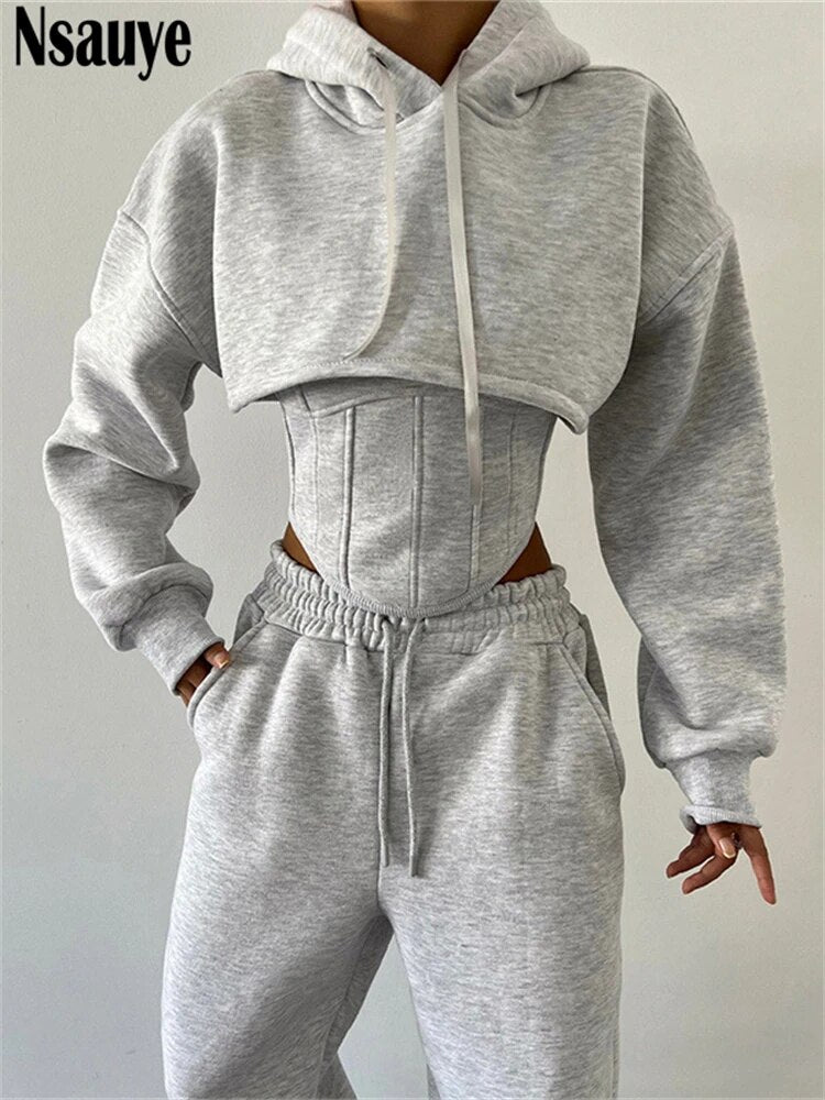 Nsauye Hoodies Women Casual Sport Sweatshirt Pants Tracksuit Y2K Outfits 2023 Fashion Corset Tops Pants Joggers Three Piece Set