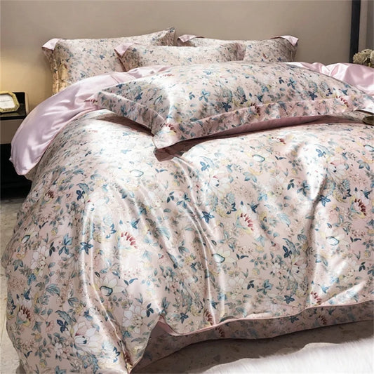 Mulberry Silk 4 Pieces Comforter Bedding Set, 1PC Duvet Cover, 1PC Bed Sheet, 2PCS Pillowcases, Luxury Home Textiles Bedclothes