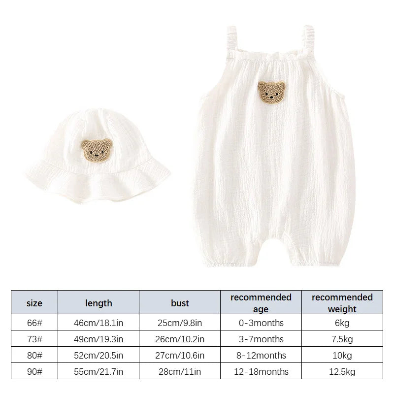 2PCS Summer Baby Clothes Set With Cap Toddler One Piece Cute Bear Sling Romper Fisherman Hat Infant Girl Boy Jumpsuit Outfit