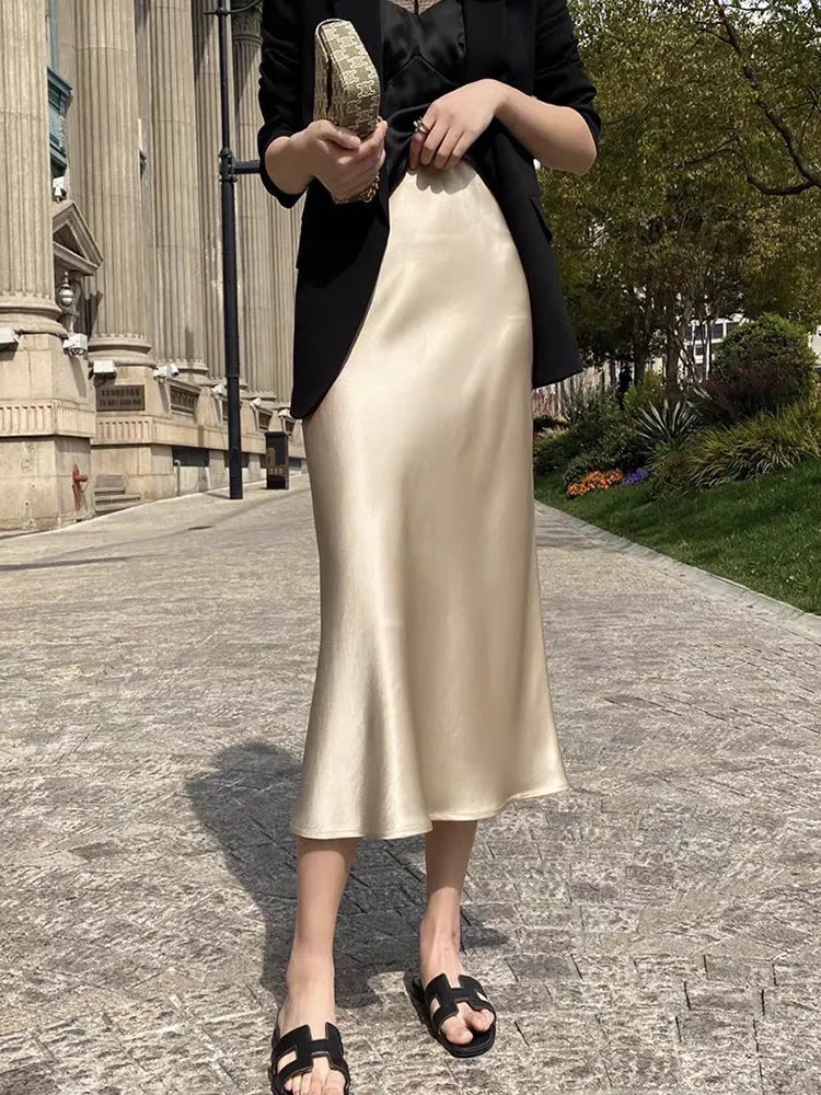 Silk Satin Skirts for Women Korean Style Champagne Office High Waist A-line Skirt Fashion Elegant Solid Long Pencil Skirt 2024