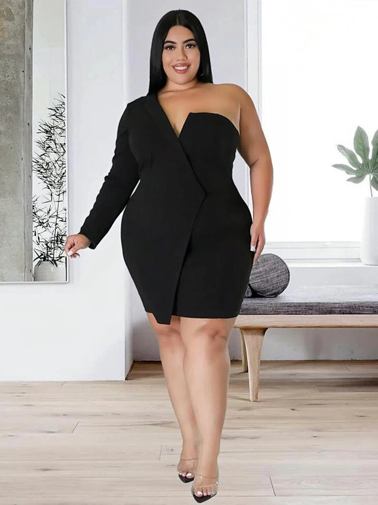 Woman Party Dresses Free Shipping Long Sleeve Plus Size Dresses One Shoulder Chic and Elegant Sexi Dress