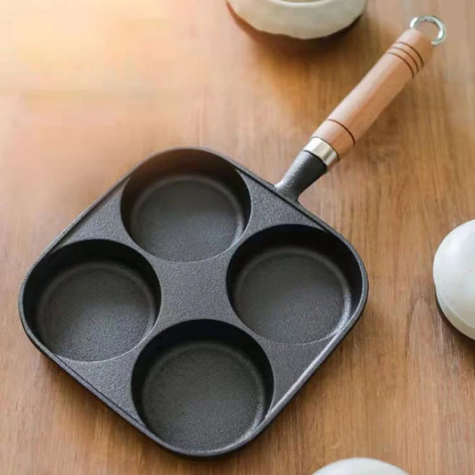 4-Hole Non Stick Cookware Pancake Pan Egg Frying Pan Wooden Handle Hamburg Bread Breakfast Maker for Gas Stove Induction Cooker